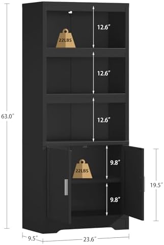 Book Shelf and Bookcase with Doors, 5-Tier Display Storage Cabinet with Adjus...