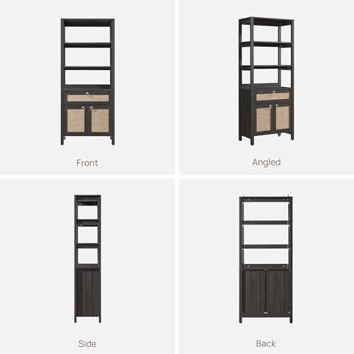 SICOTAS 68.5" Tall Boho Rattan Bookshelf with Drawer and Storage Doors