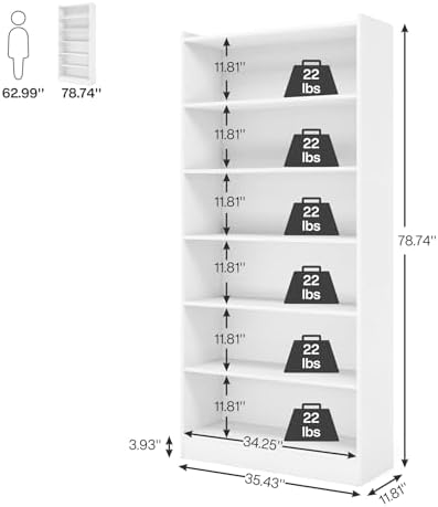 Tribesigns 78-inch Tall Bookcase, Modern 7-Tier White Library Bookshelf with ...