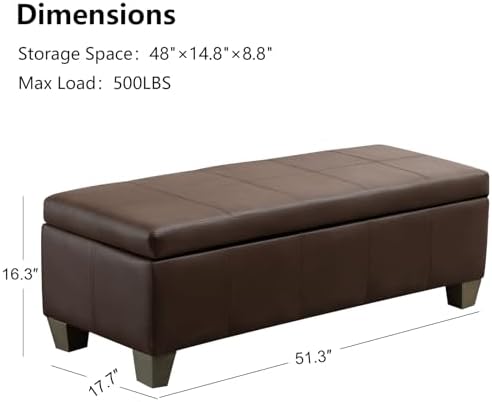 51 Inch Storage Ottoman, Storage Bench with Safety Hinge, Upholstered Synthet...
