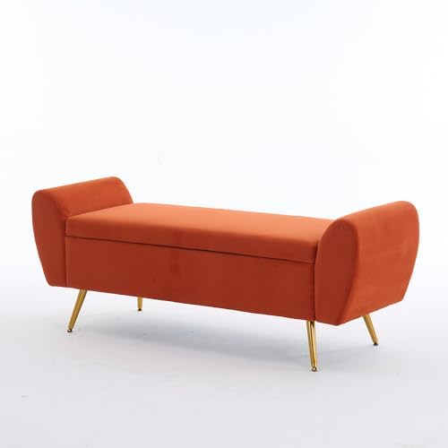 56" Storage Bench for Bedroom King Size Bed, Gold Legs, Velvet Orange