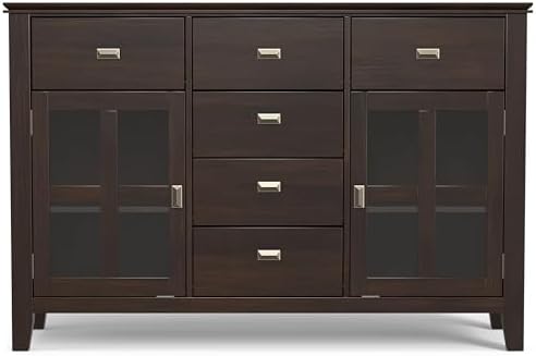 SIMPLIHOME Artisan 54" Wide Solid Wood 3-Door Buffet in Dark Chestnut Brown