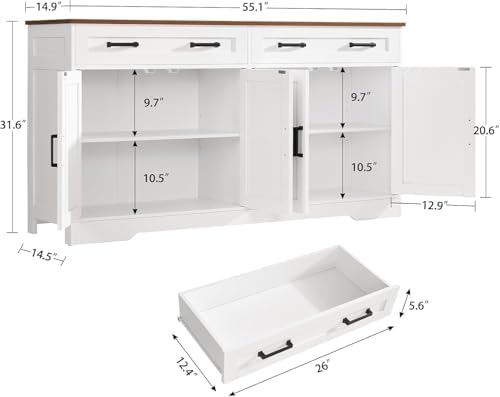 usikey 55" Buffet Cabinet with Storage and Drawers, Large Sideboard Buff...