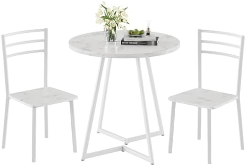 VECELO Small Round Dining Table Set for 2, Wood Tabletop with Strong Metal Fr...