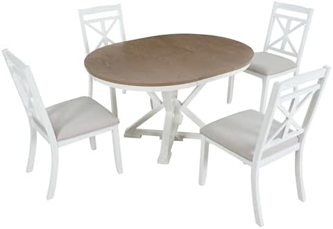 Merax Round Dining Table Set for 4, Farmhouse Kitchen Table Set with Extendab...