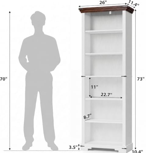 6-Tier Farmhouse Bookshelf, 73 inch Tall Bookcase with 2 Adjustable Shelves, ...