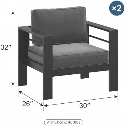 Aluminum 2Pcs Outdoor Patio Chairs, Patio Sofa with 10" Back Cushion, Grey