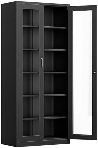 VINGLI Lockable Display Cabinet with Glass Doors & 5 Adjustable Shelves, ...