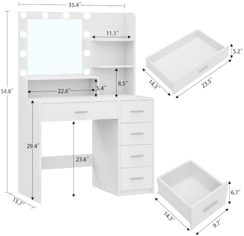 Quimoo Vanity Desk with Mirror & Lights, Makeup Vanity with 5 Drawers &am...