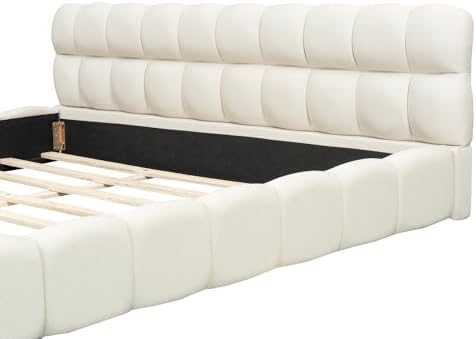 JIJIWANG Queen Platform Bed with Linen Headboard & Footboard, Beige