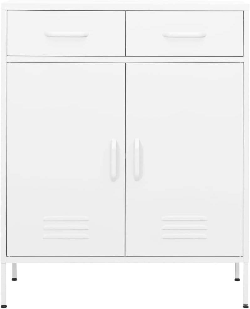 White Steel Cabinet 31.5x13.8x40 in, 2-Door Pantry w/ 2 Drawers, Adjustable S...