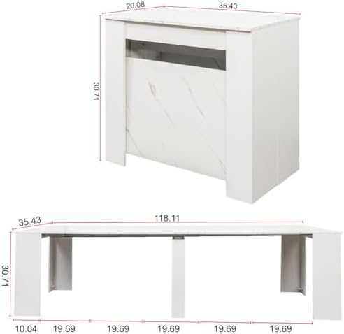 Transformer Table, Extendable Dining Table for 2-12 People, Marble White