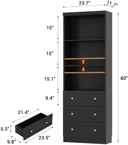 Cyclysio 80" Bookshelf with 3 Drawers and Baseboard Cutout, Set of 2
