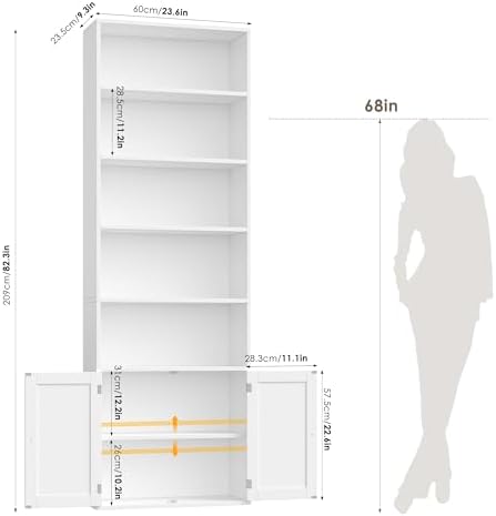 FACBOTALL 82" Tall Bookcase, Farmhouse Bookshelf with Doors, White