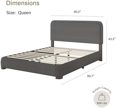 BarnFurin Queen Bed Frame, Cloud Boucle Headboard, Rounded Corners, Grey