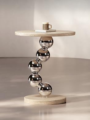 Modern Travertine Side Table, Natural Travertine Stone Top with Chrome Sphere...