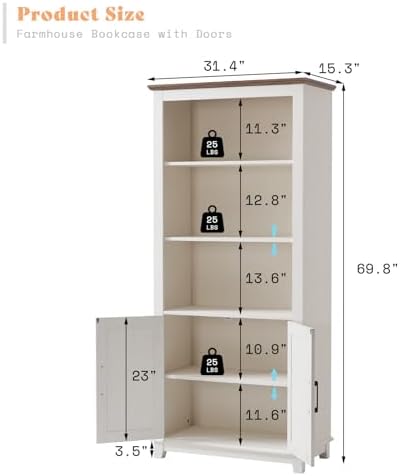 AMERLIFE 2-Piece 5-Tier Farmhouse Bookcase with Barn Doors, Rustic White