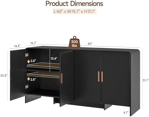 ONBRILL 60" Sideboard Buffet Cabinet with Adjustable Shelves Storage, Black