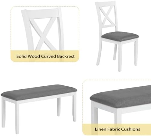 Zevemomo 6-Piece Solid Wood Dining Table Set, Wooden Legs, White