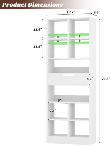 Armocity 73.6" Tall Narrow Bookshelf with Drawer for Display, 19.7"...