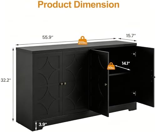 RoyalCraft Sideboard Buffet Cabinet with Storage, Kitchen Coffee Bar, Black