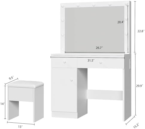 Haewon White Makeup Vanity Desk with Lighted Mirror and Storage Chiar Set | 1...