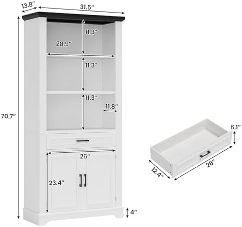 SEDETA Farmhouse Bookshelves and Bookcases with Doors, Drawer, White