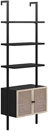 Nathan James Theo Modern Bookcase with Rattan Cabinet in Matte Black and Ligh...