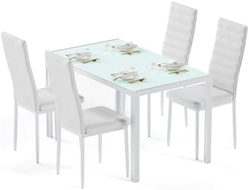 Bealife Kitchen Dining Table Set for 4, Tempered Glass 5 Piece - White