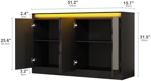 Furnify 51" W Buffet Cabinet with LED Lights & Charging Station, Black