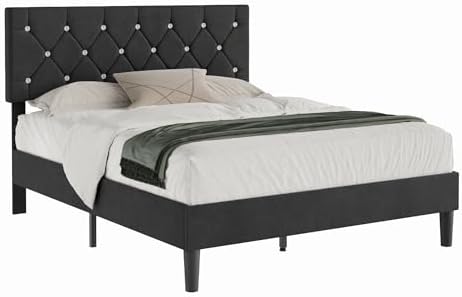 VECELO Queen Size Bed Frame, Upholstered Platform with Adjustable Diamond Tuf...