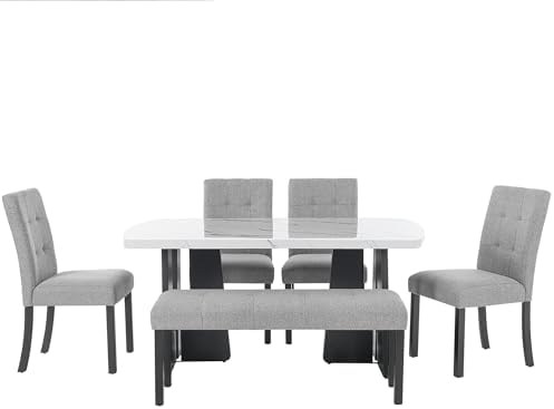 Merax 6 Piece Dining Table Set, 63" Faux Marble Dining Table with 4 Upho...