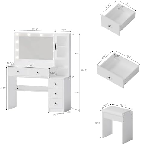 35.4” Makeup Vanity Desk with Charging Station, White Makeup Dressing Table w...