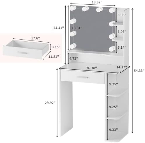 Makeup Vanity Desk with Mirror and Lights, 26.4”Small Vanity Mirror with Ligh...