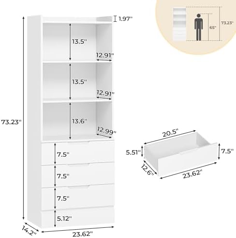 DICTAC 73.23'' Tall Storage Cabinet Bookcase with 3 Drawers and 3-Tie...
