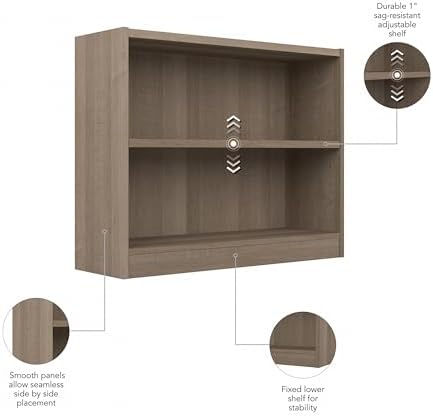 Bush Home Small 2 Shelf Bookcase, 2 Tier Bookshelf Storage Cabinet with Adjus...