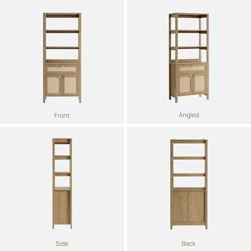 SICOTAS 68.5" Tall Boho Rattan Bookshelf with Single Drawer & Storag...