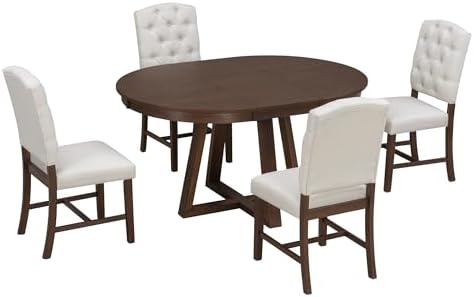 LUMISOL Extendable Round Dining Table Set for 4-6, 5-Piece Farmhouse Kitchen ...