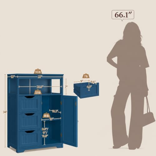 Yaheetech Small Bathroom Storage Cabinet with 3 Drawers, Navy Blue