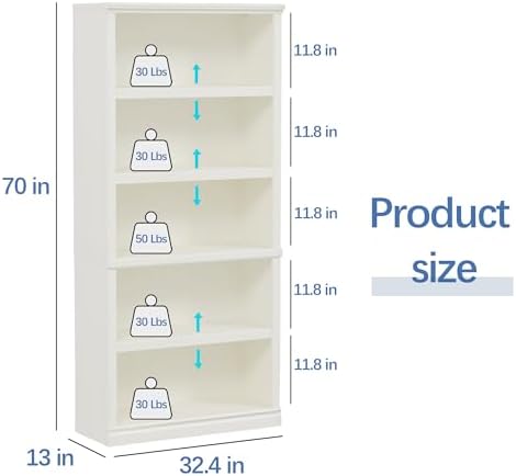 blini 5-Shelf Tall Bookcase White Wooden Bookshelves 33in Wide 5 Tier Bookcas...