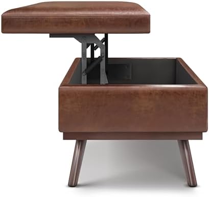 SIMPLIHOME Owen 42" Wide Vegan Leather Lift Top Ottoman in Saddle Brown ...