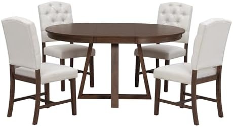 LUMISOL Extendable Round Dining Table Set for 4-6, 5-Piece Farmhouse Kitchen ...
