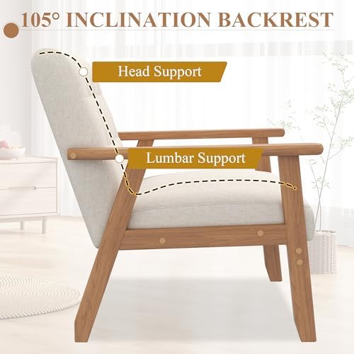 Mid-Century Accent Chairs Set of 2, Solid Wood for Living Room, Beige Linen