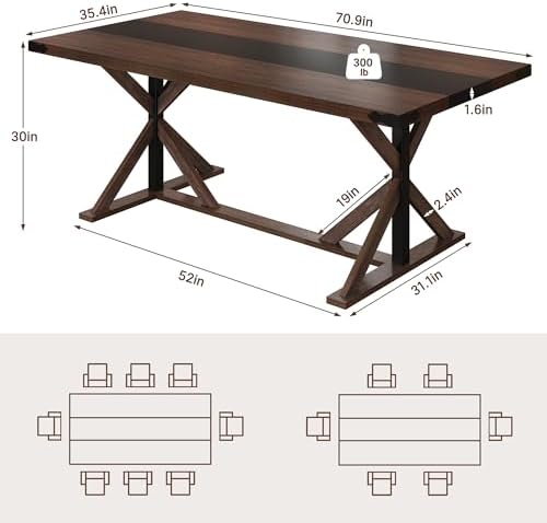 Hlivelood 71 Inch Dining Table for 6 People, Rectangular Kitchen Farmhouse Ta...