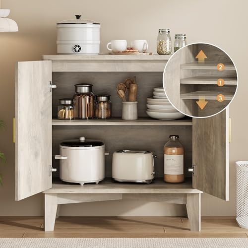 Xixini Fluted Sideboard Buffet Cabinet, 30" Wood Coffee Bar Cabinet, Grey