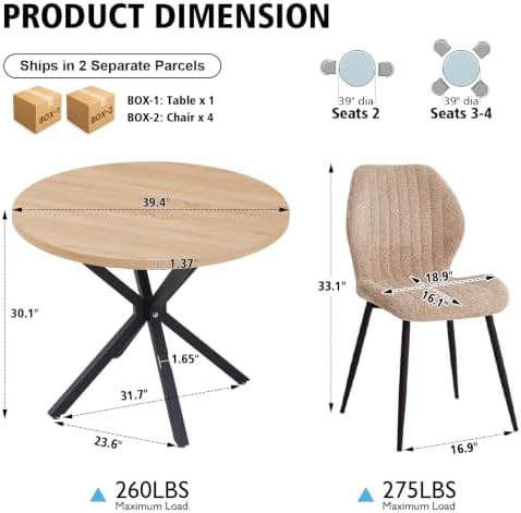 39" Round Dining Table Set for 4, Natural Table & 4 Brown Chair