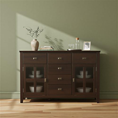 SIMPLIHOME Artisan 54" Wide Solid Wood 3-Door Buffet in Dark Chestnut Brown