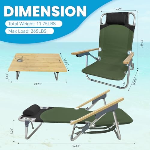 2 Pack Low Backpack Beach Chair with Folding Bamboo Table for Adults, 5-Posit...