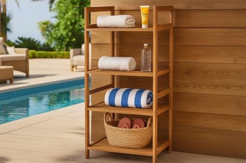 Teak Wood 4-Tier Shelving Unit, Waterproof, Leveling Feet, Teak Oil Finish