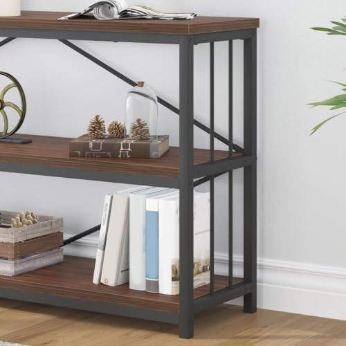 IBF Walnut Low Wide Bookcase, Vintage 63 Inch Long 3 Tier Open Book Shelf